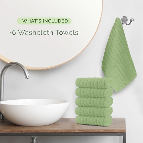 Image of Elegant Comfort 100% Turkish Cotton Corduroy Ribbed Luxury Washcloths 6 Pack Soft 13 x 13 Inch - Higly Absorbent, Durable, Quick Dry, Spa Premium Hotel Quality for Bathroom or Travel, Sage