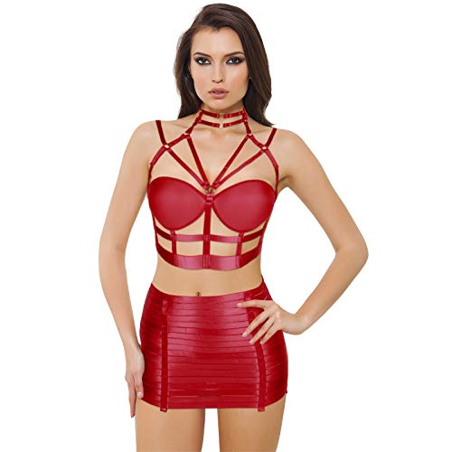Womens Punk Body Harness Lingerie Garter Belts Plus Size Strap Leg Hollow Out Stockings Belt Halloween Rave Bralette (Wine Red) #TOP1