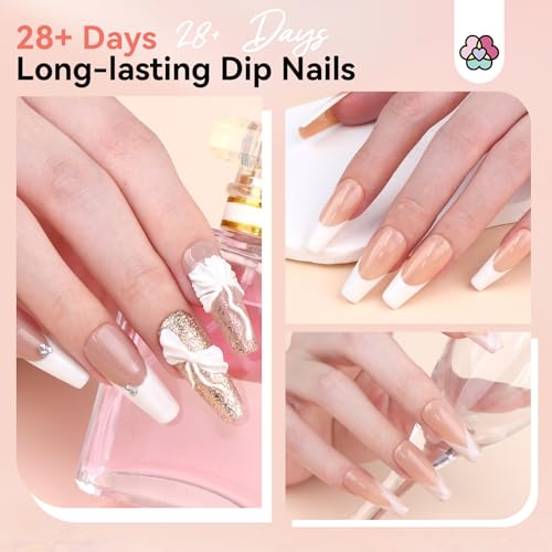 SAVILAND Dip Powder Nail Kit Starter with Nail Tips - 4 Colors with French Tips & Keratin Formula, Brown Nude Clear Dipping Powder No U V Lamp Needed for Home Manicure (10ml x4 Dip Liquids + Tools)