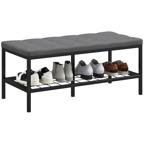 HOMCOM Banc à Chaussures Meuble à Chaussures avec Coussin rembourré et étagère de Rangement, Banc d'entrée pour Couloir, Chambre, 90 x 41 x 40 cm, Gris