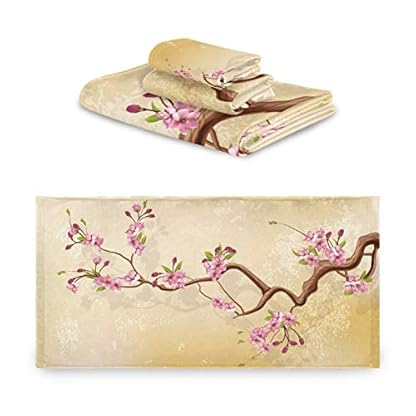 Handtuch-Set, Kirschblütenzweig mit Blumen und Blättern, 3-teilig, 1 Badetuch, 1 Waschlappen, 1 Handtuch, 3 Stück, weich, multifunktional, für Zuhause, Küche, Hotel, Fitnessstudio, Schwimmen, Spa – Bild 3