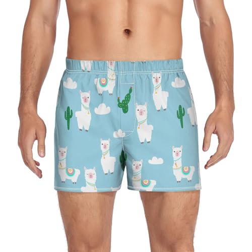 Llama Cactus Cloud Blue Men's Cotton Boxer Shorts Pajama Bottoms Sleep Shorts Underwear with Button Fly
