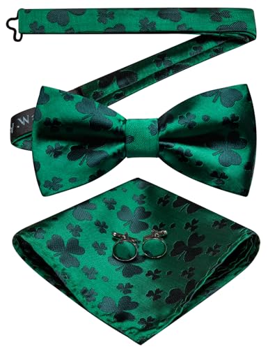 Image of Barry.Wang Paisley Striped Bow Tie for Men Silk Pre-Tied Bowtie Pocket Square Cufflinks Set Formal Wedding Party Prom