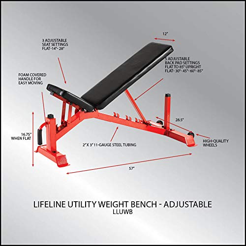 Lifeline Utility Weight Bench – Adjustable – 1,000lb Rated for Weightlifting and Strength Training, Black Bench (LLUWB-BLK)