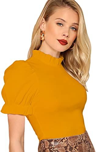 Image of Shasmi Women's & Girl's Polyester Pleated High Neck Short Puff Sleeve Ruched Bust Solid Regular Fit Top