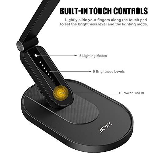 Jkswt Led Desk Lamp, Eye-Caring Table Lamps Natural Light Protects Eyes Dimmable Office Lamp With 5 Color Modes Usb Charging Port Touch Control And Memory Function, 10W Reading Lamp,Black #TOP2