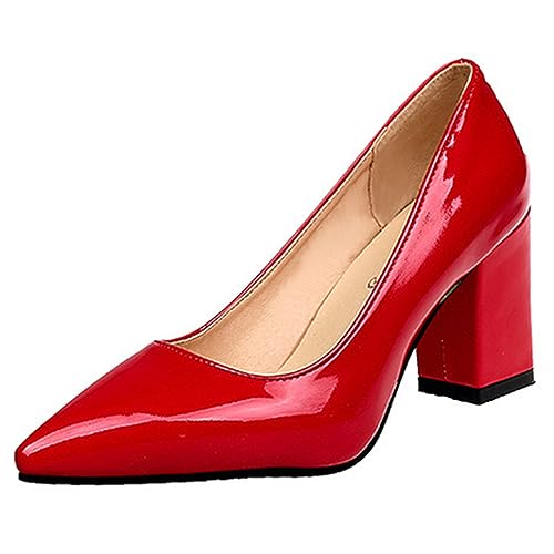 Escarpins en Cuir Verni à Talons carrés de 7.5cm pour Femmes, Chaussures Classiques à Bout Pointu, Escarpins de fête, Grande Taille,Rouge,35 EU