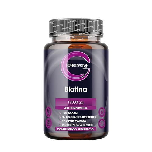 Suplemento de biotina para el crecimiento del cabello - Alta resistencia 12,000 mcg - 400 tabletas (suministro para 13 meses) - Vegano - Fabricado por Clearwave Health