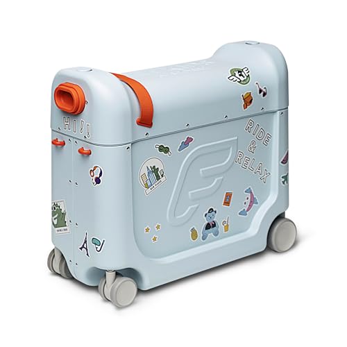 Image of Stokke Jetkids Bedbox - Kids Ride-On Suitcase & Travel Bag, Helps Your Child Relax & Sleep on The Plane, Approved by Airlines, Swivel Wheels, Adjustable Strap - Sky Blue