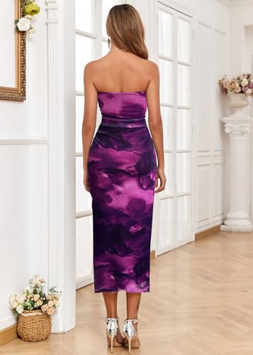 Image of ALENDA DANMOS Womens Strapless Printed Midi Dress with Slit Floral Mesh Tube Top Dresses Ruched Bodycon Party Club Dress 333