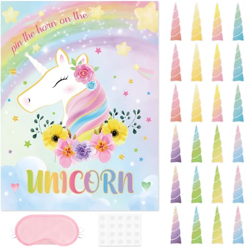 Image of WERNNSAI Pin the Horn on the Unicorn Birthday Party Game | Unicorn Birthday Decorations,Pin The Tail Game for Classroom Activities,28 inch x 21 inch Poster with 24 Stickers and Blindfold