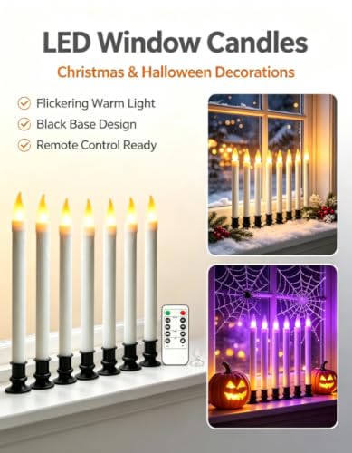 Image of Christmas Window Candles - 10in Flameless Taper Candles with Suction Cups Flickering Timer for Halloween Christmas Wedding Home Decor Candlesticks Fireplace (6pcs-Black)