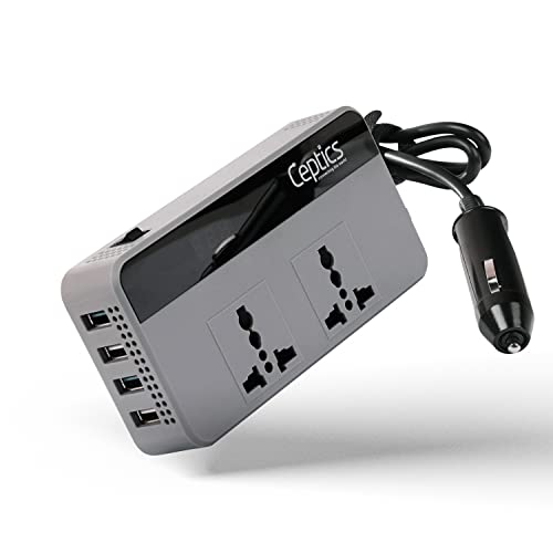 Ceptics 200W Car Laptop Charger/Power Inverter with Digital Display and SmartVoltage™ Technology – 12V DC to 220V AC, 9.6A Quad USB with QC3.0-2X Universal AC Outlet – Grey Color – 18 Months Warranty