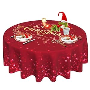 Christmas Tablecloth, Red Winter Round Tablecloth 60 Inch, Xmas Happy New Year Table Cloth for Rustic Farmhouse Kitchen…