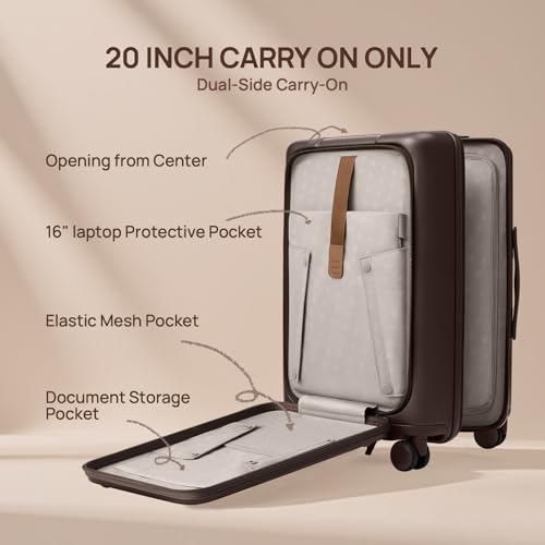 Image of NINETYGO Carry On Luggage 22x14x9 Airline Approved, 20 Inch Suitcase with Front Compartment, Coffee-Infused PC Hard Shell, Eco-Friendly, Cup Holder, Clamshell, TSA Lock, Spinner Wheels (Americano)