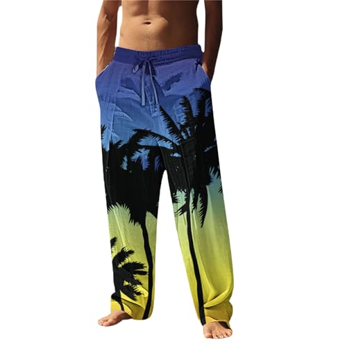 HUYTBYG Pantalones de playa holgados para hombre, pantalones hawaianos para hombre, pantalones de verano con estampado de coco, pantalones de pierna recta, pantalones de vacaciones, ropa de dormir