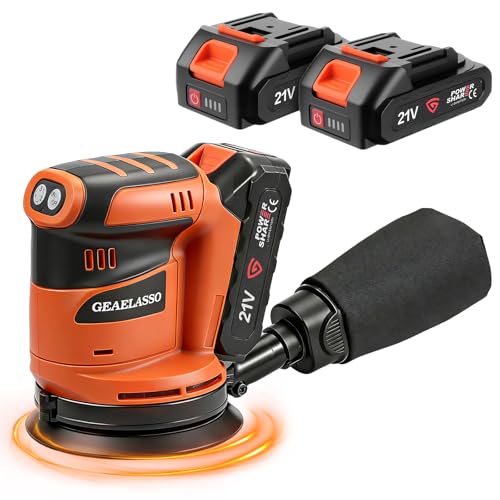 GEARLASSO Akku-Exzenterschleifer 125 mm 2x 20V Akku Bürstenloser Exzenterschleifer mit 3 Stufen 800013000 U/min Akku Schleifer mit Staubbox und Ladegerät für Holz und Möbel