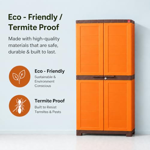 Image of Cello Novelty Big Plastic Cabinet with Dustproof Doors| 3 Year Warranty | Almirah, Cupboard, Wardrobe for Home, Living Room, Bedroom, Kitchen, Office, Outdoor| Orange & Brown Colour