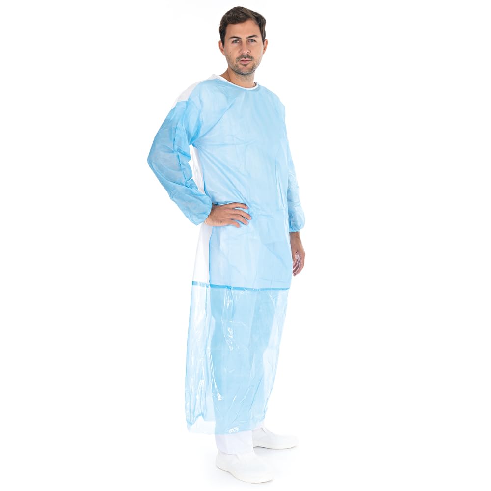 FRANZ MENSCH 100 Stück Hygostar Kittel Duo mit Perforation | PP/PE, weiß-blau, XL, L: 156cm, Umfang: 142cm, mit Perforation, Karton, Einwegkittel, Schutzkittel, Medizinischkittel