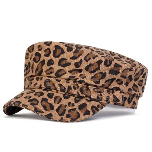 Béret femme imprimé léopard chapeau militaire cadet marron