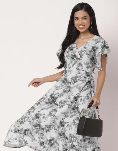 Image of Moomaya Women's Printed Dress, V-Neck, Short Sleeves, Ruffled Midi Summer Dress