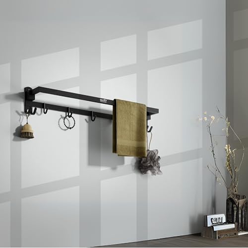 Image of Gloxy Premium Towel Holder in Bathroom with Hooks - 24 Inch Black Matte Finish Stainless Steel Towel Rod for Bathroom - Rust Resistant Home Decor Bathroom Fittings Accessory Bathroom Clothes Holder