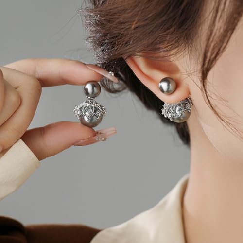 14K Gold Rhinestone Big Pearl Front Back Stud Earrings for Women,Dainty Double Side Geometry Beads Earrings,Grace Wedding Anniversary Jewelry Gifts3