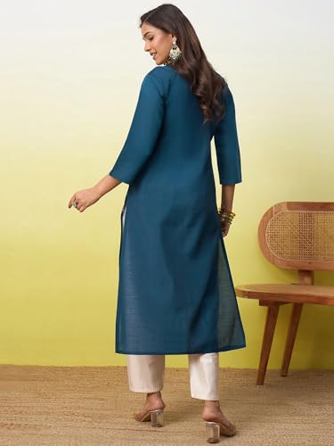Image of Women's Silk Blend Embroidery Straight Kurta | Ethnic Kurtas for Women | Kurtis for Women Festive, Casual Office Wear Ethnic Kurta for Women