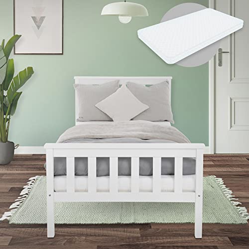ML-Design Holzbett 90x200 cm Weiß mit Matratze H:16cm, Kiefernholz, Massivholz Bettgestell mit Lattenrost & Füße, Einzelbett mit Kopf- und...