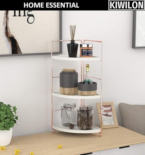 Image of Kitchen Organizer Rack | Corner Shelf For Kitchen | Bathroom Organiser Stand With 3-Tier Metal Frame For Storage & Display (RoseGold-3Tier-Triangle)