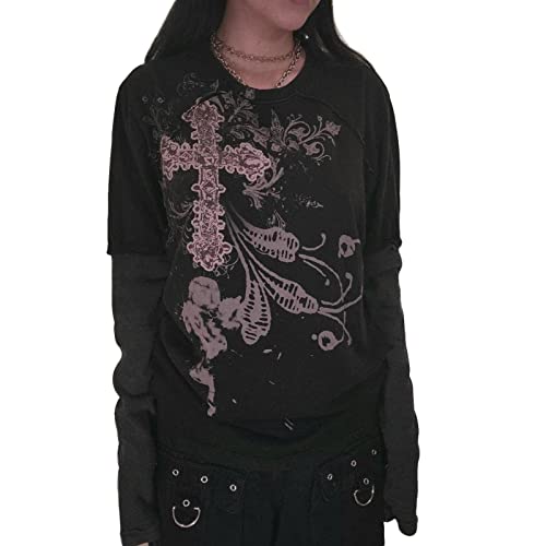 Women Gothic Fake-Two Piece Shirt Y2K Vintage Graphic Long Sleeve
