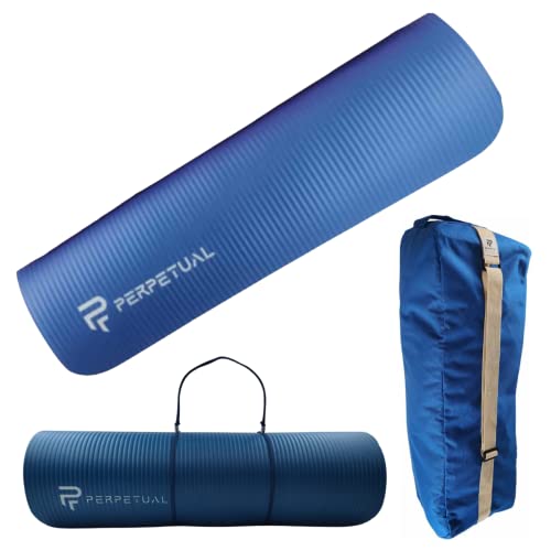 PERPETUAL® Kit Esterilla de Yoga y Pilates de 10mm + Bolsa de Transporte - Mat Antideslizante - Con Correa - Colchoneta Gruesa y Plegable - Hombre/Mujer - Gimnasia, Fitness y Ejercicios (Azul)