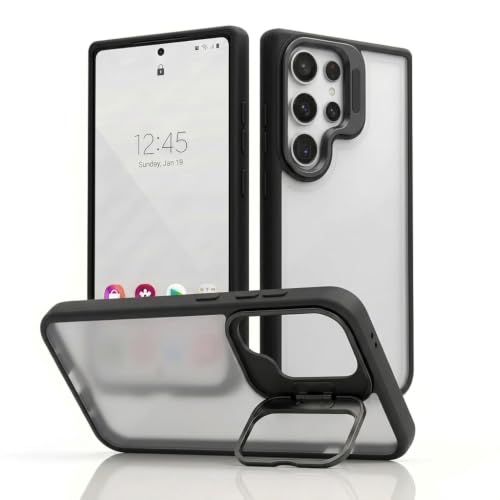 Image of amazon basics Frosted Matte Case for Samsung Galaxy S23 Ultra 5G | Built-in Flip-Out Camera Lens Stand | Translucent Back with Contrast Black Bumper | Foldable Kickstand