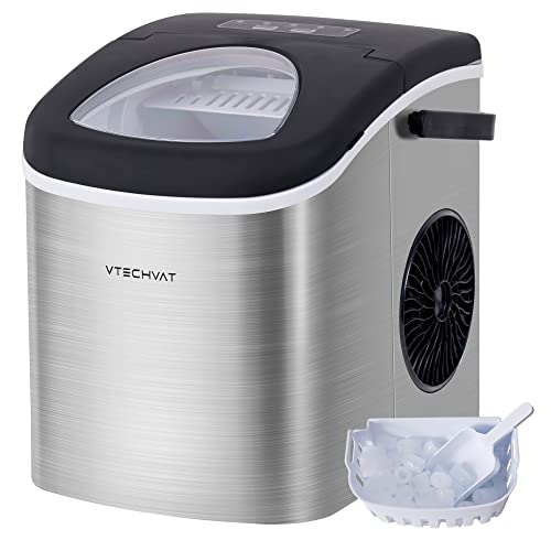 VTECHVAT Eiswürfelbereiter Eiswürfelmaschine Edelstahl 2 Liter Wassertank, 12 kg 24 h 2 wählbare Eiswürfelgrößen, kurze Produktionsdauer 6-8 Minuten Ice Maker Edelstahl Hülse Cover