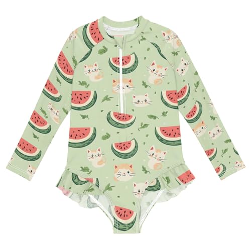 Watermelon Cats Pastel Green Rashguard Girls One Piece Swimsuit Quick Dry Ruffles Swimwear 3T