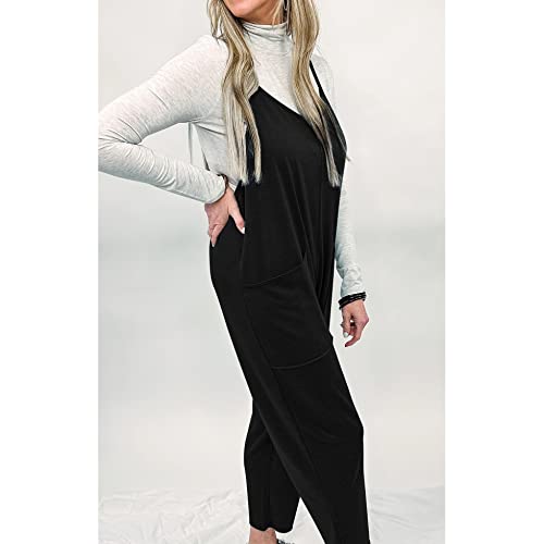 Seeluna Womens Casual Sleeveless Jumpsuits V-Neck Spaghetti Strap Wide Leg Romper Overalls Jumpsuit With Pockets(Black,M) #TOP1