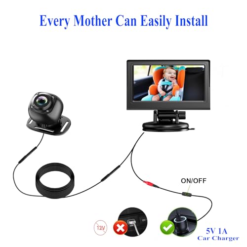 Image of USB Baby Car Camera Plug-Play,4.3 inch HD Night Vision Function Car Mirror Display,360 Rotation Rear Facing Baby Monitor with Camera Night Vision,Wide Clear View,Easily Observe The Baby's Move,Dark Black
