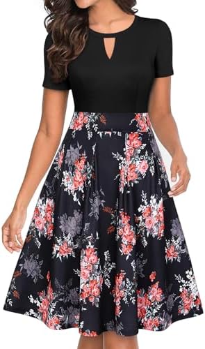 YATHON Women's Vintage Floral A-Line Casual Party Dresses with Pockets