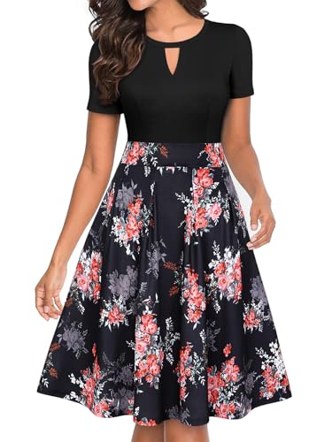 YATHON Women's Vintage Floral Flared A-Line Swing Casual Party Dresses with Pockets