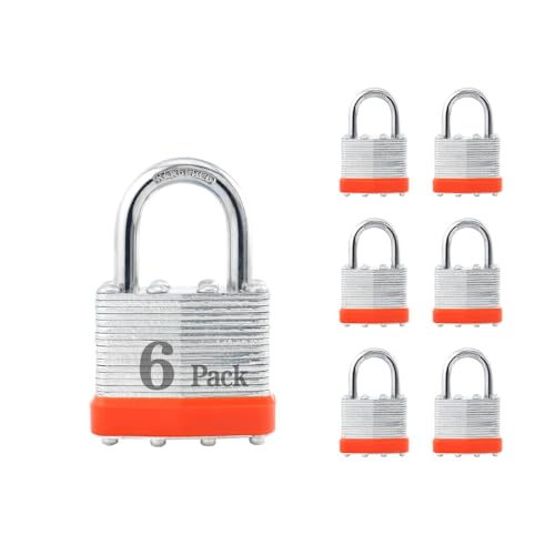 Image of ZonRo Locks Laminated Steel Keyed Padlocks,Keyed Alike Locks, 1-9 /16 inch Wide,Normal Shackle Padlocks, Pack of 6,Orange Hoop, for Hasp Latch, Sheds, Fences, Storage Locker, School, Gym