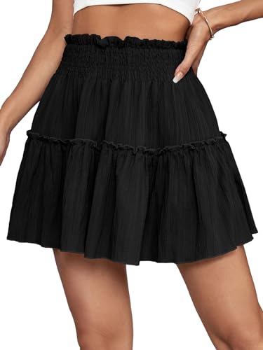 OPOIPIN Women's Summer Cute High Waist Ruffle Skirt Swing Beach Mini Skirt Plain Black Medium