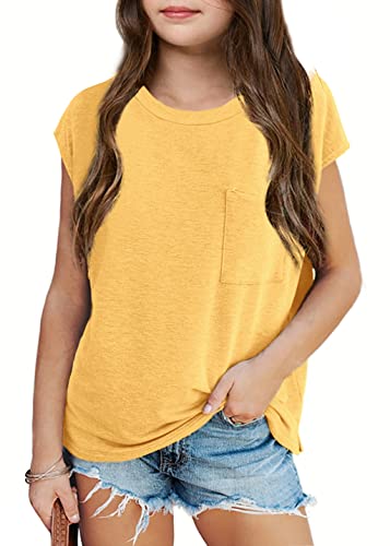 Image of Imily Bela Girls Cap Sleeve Summer Tops Casual Crewneck Loose Tshirts with Pocket