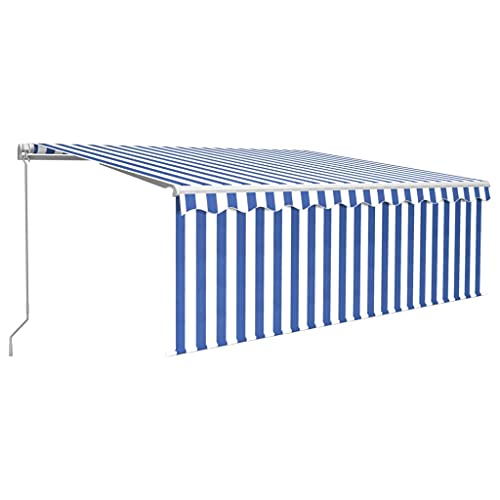 vidaXL Auvent Manuel Rétractable avec Store Banne Pliable Jardin Balcon Terrasse Patio Extérieur Protection Contre Rayons UV 4x3 m Bleu et Blanc