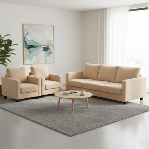 Image of FURNY Haster 5 Seater Premium Velvet Fabric 3+1+1 Sofa Set (Beige) Durable & Comfortable Ideal for Living Room