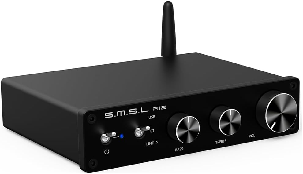 S.M.S.L A12 Home Audio Amplifier Stereo Receivers Bluetooth 5.0 Mini HiFi Class D Integrated 2 Channel Power Amp with Bass and Treble Control 80Wx2 for Home Speakers MA12070 (with Power Supply)