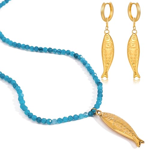 Boho Fish Necklace for Women - Blue Natural Stone Fish Pendant Necklace, Bohemian Beach Jewelry Colourful Jewelry for Summer Vacation4