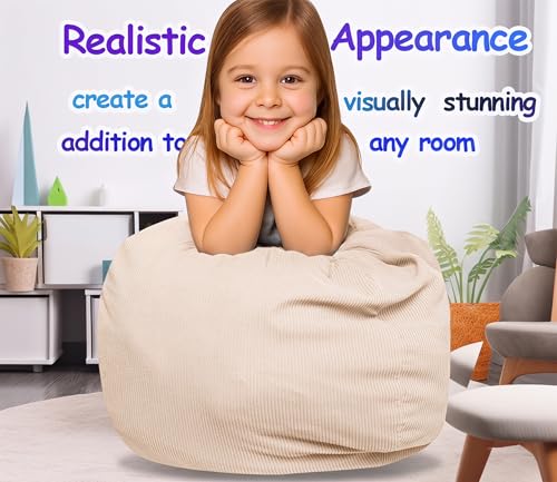 Image of Stuffed Animal Bean Bag Storage Chair Cover (No Filler) Soft Washable Stuffable Removable Premium Organizing Plush Toys Comfortable Organizer Keep Clutter with Premium Zipper Adults (Beige, Medium)