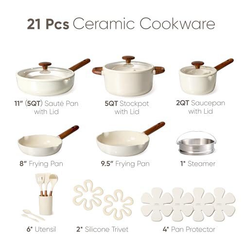 Image of CAROTE 21pcs Cookware Set Nonstick Pots and Pans Set, Ceramic Cookware Set Induction Cookware, Non toxic Healthy Non Stick Kitchen Cooking Set, PFAS PTFE Free, White