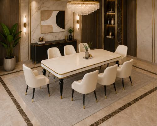 Image of 8 Seater Dining Table Set with Nano Composite Marble Top, Solid Wood Base & 8 Upholstered Chairs, Modern Dining Table Set for Home & Dining Room Furniture