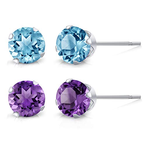 Gem Stone King 925 Sterling Silver 4MM Purple Amethyst and Blue Topaz Stud Earrings For Women Men Set of 2